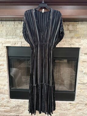 Elan Black Maxi Dress with Multicolor Pinstripes